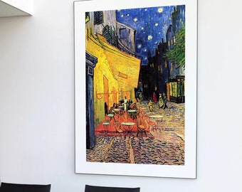 May include: A painting of a cafe at night with a starry sky. The cafe is lit up with yellow light and there are people sitting at tables outside. The painting is done in a style similar to Vincent van Gogh.