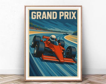 May include: A vintage-style poster with the text "GRAND PRIX" in bold, white letters. The poster features a red race car speeding around a blue and white racetrack.