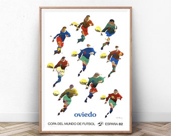 May include: A vintage poster featuring a colorful illustration of soccer players in action. The poster is titled "oviedo" and includes the text "COPA DEL MUNDO DE FUTBOL ESPANA 82".