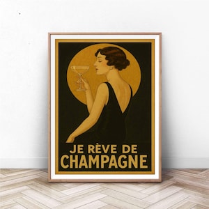 Póster art déco de Champagne de Paris: arte mural de la vida nocturna parisina / Impresión vintage de glamour francés con la Torre Eiffel y escena de champán