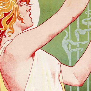 May include: A vintage poster featuring a woman with flowing red hair, wearing a white dress, with her arm raised. The background is a green and white design with a large white circle.