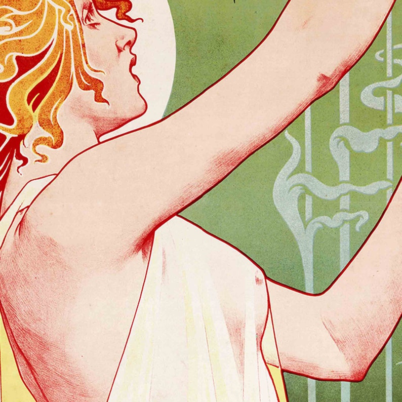 May include: A vintage poster featuring a woman with flowing red hair, wearing a white dress, with her arm raised. The background is a green and white design with a large white circle.