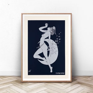 May include: A black and white illustration of a woman standing on a crescent moon with stars in the background. The text "CAPRICORNE" is at the bottom of the image.