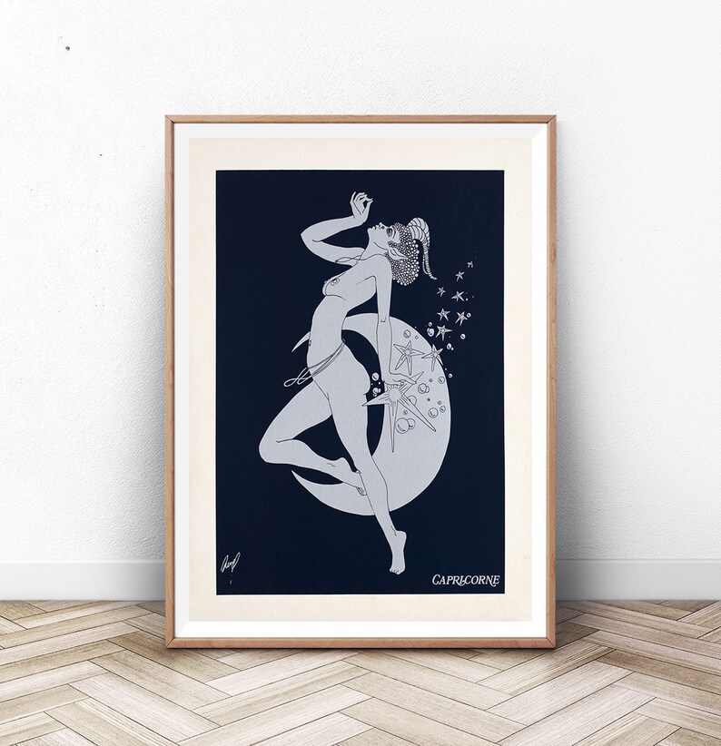 May include: A black and white illustration of a woman standing on a crescent moon with stars in the background. The text "CAPRICORNE" is at the bottom of the image.