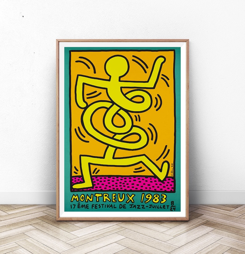K&ouml;nnte beinhalten: Eine gelbe Strichm&auml;nnchenfigur tanzt auf einem leuchtend orangenen Hintergrund mit einem pink-schwarzen Tupfenmuster am unteren Rand. Das Poster lautet "MONTREUX 1983 17&egrave;me FESTIVAL DE JAZZ-JUILLET 8-24"