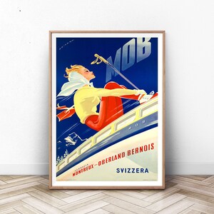 MONTREUX SKI POSTER: Swiss Travel Art, Switzerland Ski Poster, Sports Retro Decor, Valais, Suisse, Zermatt, Skiing Poster, Alps