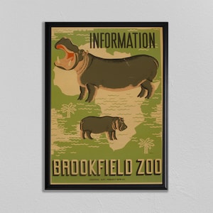 Hippo Bear Poster, Hippopotamus Art, Zoo Print, Home Decor, Africa Art, Animal Lover, WPA Style