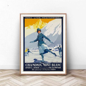 Chamonix Mont Blanc Poster: vintage travel poster depicting figure skating and winter sports