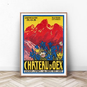 Cartel de viaje Chateau d'Oex, arte de la pared de París, impresión de los Alpes suizos, impresión de Francia, Provenza, cartel de montaña, viajes vintage, arte de la pared de verano
