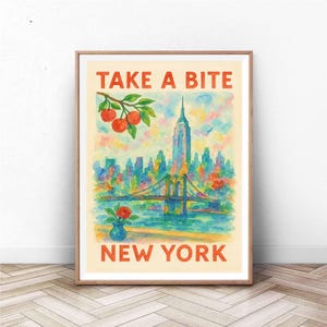 New York Art Print - Take a Bite Watercolor Poster - NYC Skyline Wall Decor - Travel Art - Big Apple Illustration - Cityscape Print