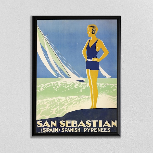 San Sebastian Spain Print, Vintage Travel Print, Retro Swimsuit, Tourism Print, Spain Vintage Travel Poster