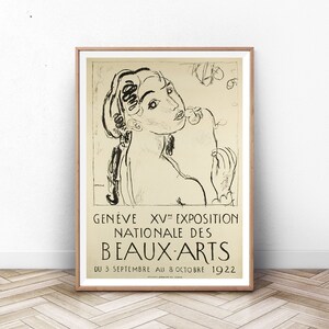 May include: A black and white line drawing of a woman's face on a vintage poster advertising the 15th National Exhibition of Fine Arts in Geneva, Switzerland from September 3rd to October 8th, 1922.