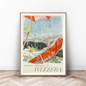 Suiza impresión de cartel, acuarela playa impresión, arte del paisaje, vintage cartel de viaje, impresión del museo, obra de arte de montaña, impresión de la naturaleza