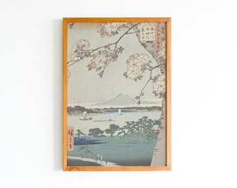 May include: A framed print of a Japanese woodblock print depicting a mountain range, a river, and a cherry blossom tree. The print is in shades of blue, green, and pink. The text in the image reads "生駒山", "大仏", "春日", "吉野", "大和", "葛城", "金剛", "生駒", "二上", "龍田", "信貴", "生駒山", "大仏", "春日", "吉野", "大和", "葛城", "金剛", "生駒", "二上", "龍田", "信貴".