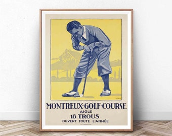 Póster vintage del campo de golf de Montreux: Impresión artística deportiva para pared