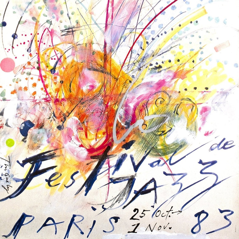 May include: A colorful abstract painting with a white background. The painting features a variety of colors, including red, orange, yellow, green, blue, and purple. The painting is titled "Festival de Jazz Paris 25 Oct. - 1 Nov. 83".