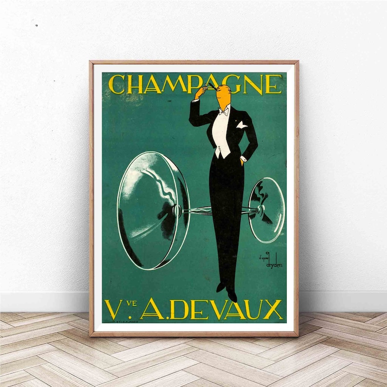 Cartel publicitario de champán vintage, arte vintage de la pared de París, impresión de champán Devaux, impresión de arte de bar de cócteles vintage, arte de pared retro imagen 2