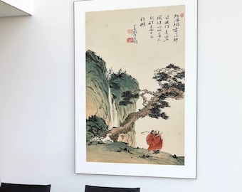 Vintage Chinese Landscape Art Print: Mountain Waterfall Home Decor