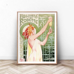 May include: Vintage poster advertising Absinthe Robette, a green liquor. The poster features a woman in a white dress holding a glass of absinthe. The background is a green and white design with swirling lines and flowers.
