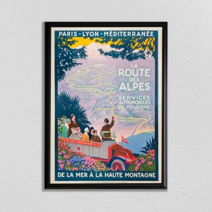 Cartel de viaje clásico de estilo vintage de Francia, La Route des Alpes, arte vintage de la pared de París, arte de la pared vintage del turismo de Francia