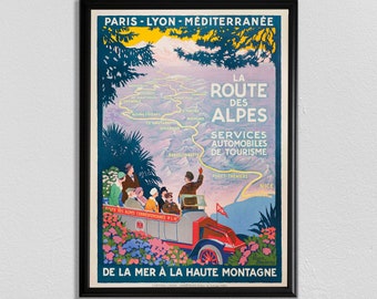 Cartel de viaje clásico de estilo vintage de Francia, La Route des Alpes, arte vintage de la pared de París, arte de la pared vintage del turismo de Francia