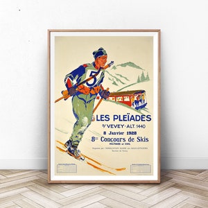 Ski Poster, Ski Print, Swiss Travel Art, Switzerland Ski Poster, Sports Retro Decor, France, Suisse, Europe European Travel, Skiing Poster