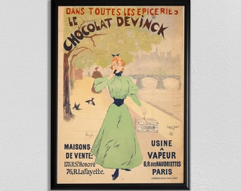 Manifesto francese vintage CHOCOLAT DEVINCK: stampa pubblicitaria di cibo retrò degli anni '30