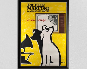 May include: A vintage poster advertising Pathe Marconi, a brand of radio and television. The poster features a black and white illustration of a dog listening to a gramophone and looking at a television screen with a man's face on it. The text on the poster reads "Pathe Marconi La Voix de Son Maitre et son image".