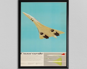 May include: A vintage poster featuring a white Concorde supersonic jet flying against a light blue sky. The poster includes the text "Concorde" and a diagram of the plane's design.