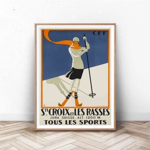 Plakat Vintage Ski | Sztuka ścienna w Szwajcarii | Szwajcarski wydruk artystyczny | Sztuka ścienna w stylu vintage | Plakat podróżniczy | Plakat podróżniczy Vintage Train