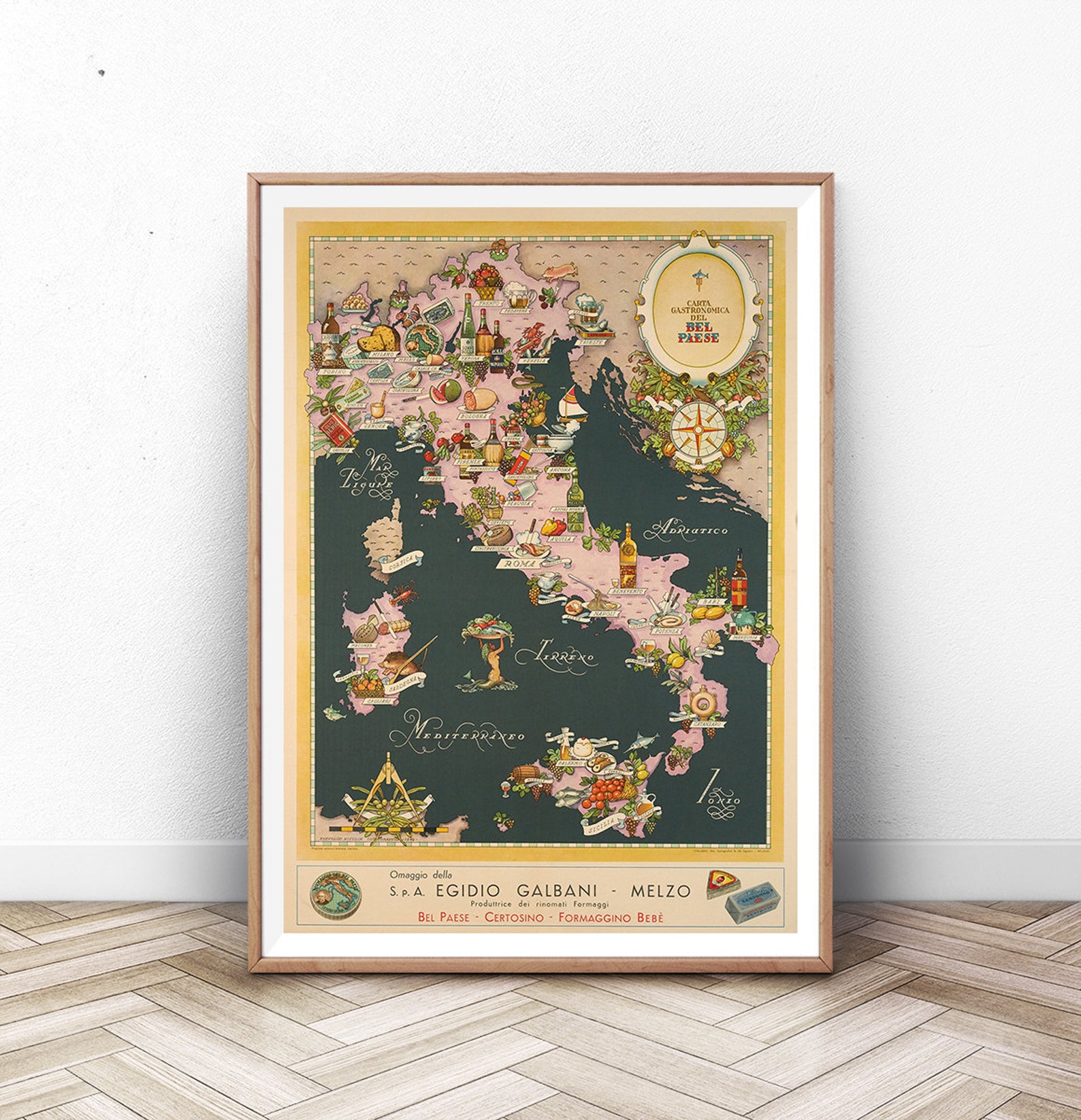 ITALY CHEESE MAP Cheese Art, Italy Cheese Poster, Retro Food Print