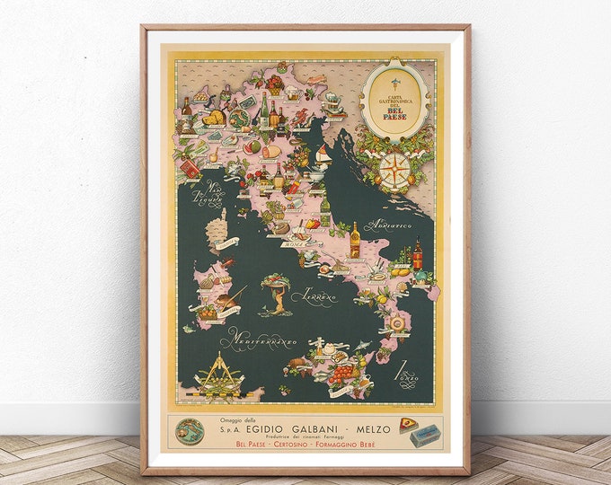 ITALY CHEESE MAP: Cheese Art, Italy Cheese Poster, Retro Food Print, Italian Food Poster, Cheeses of Italy, Cooking Poster, Kitchen Artwork