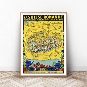 Cartaz ROMANDE, mapa da Suíça, impressão de mapa vintage, arte suíça, impressão vintage de Paris, arte suíça, decoração de casa, design de interiores