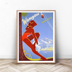 WENGEN SKI POSTER: Swiss Travel Art, Switzerland Ski Poster, Sports Retro Decor, Valais, Suisse, Zermatt, Skiing Poster, Alps
