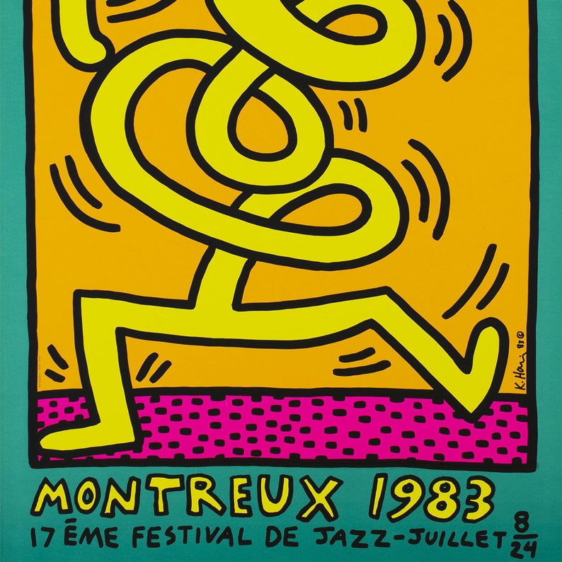 K&ouml;nnte beinhalten: Eine gelbe Figur mit schwarzen Umrissen tanzt auf einem rosa und orangefarbenen Hintergrund. Der Text "MONTREUX 1983" befindet sich am unteren Rand des Bildes. Der Text "17 &egrave;me FESTIVAL DE JAZZ - JUILLET 8" befindet sich unter dem Haupttext.
