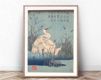 Vintage Japanese Woodblock Print: Heron Ukiyo-e Art