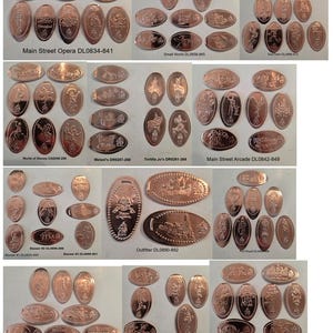 May include: Collection of pressed copper pennies featuring various designs and text. The pennies showcase images of attractions and locations, including "Main Street Opera," "Small World," and "Space Mountain Exit." Each penny has a unique design and text.
