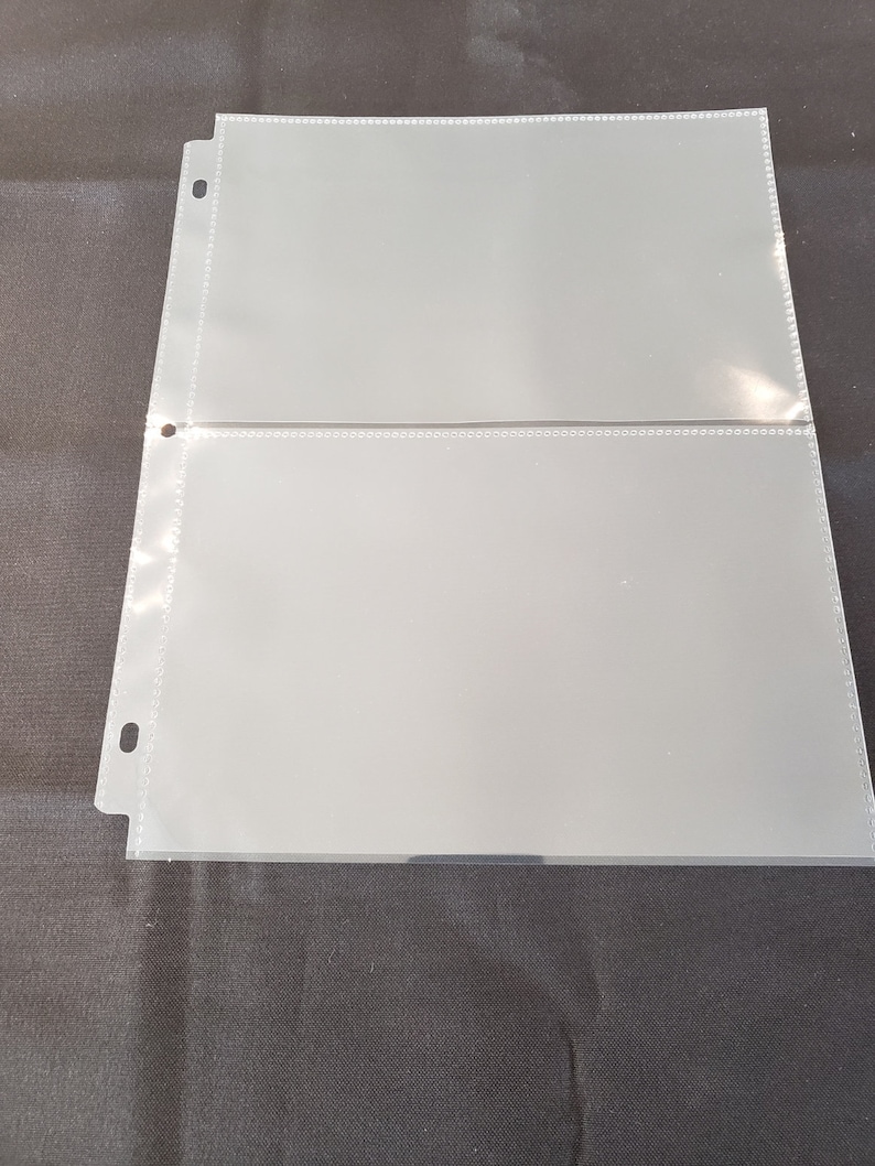 May include: Two clear plastic sleeves with holes punched along the left side. The sleeves are designed to hold and protect documents or photos.