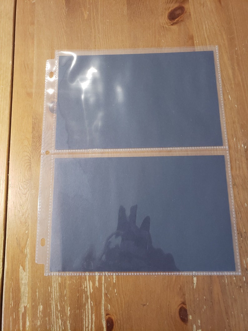 May include: Two clear plastic photo sleeves with black paper inserts. The sleeves have holes for a binder.