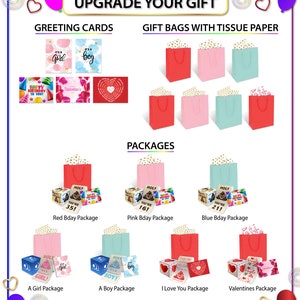 K&ouml;nnte beinhalten: Werten Sie Ihr Geschenk mit diesen farbenfrohen Geschenkt&uuml;ten und Gru&szlig;karten auf. W&auml;hlen Sie aus einer Vielzahl von Paketen, darunter rote, rosa und blaue Geburtstagspakete, ein M&auml;dchenpaket, ein Jungenpaket, ein Ich liebe dich Paket und ein Valentinstagspaket.