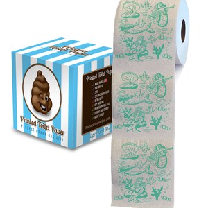 May include: A roll of printed toilet paper with a mermaid design in shades of teal and green. The toilet paper is packaged in a box with a cartoon poop emoji on the front. The box has a blue and white striped design. The text on the box reads "Printed Toilet Paper Perfect Prank Gag Gift".