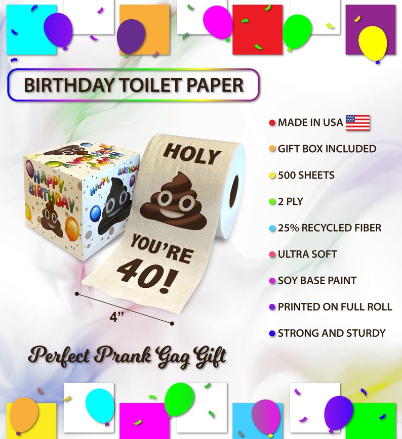K&ouml;nnte beinhalten: Eine Toilettenpapierrolle mit einer lustigen Geburtstagsnachricht, die "Holy You're 40!" mit einem Kack-Emoji lautet. Das Toilettenpapier ist mit einem braunen Kack-Emoji mit einem Smiley bedruckt. Das Toilettenpapier hat einen Durchmesser von 10 cm. Das Toilettenpapier ist in einer Schachtel mit einem &auml;hnlichen Design verpackt. Die Schachtel ist mit einem Kack-Emoji und den Worten "Happy Birthday" verziert.
