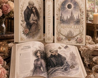 May include: A hardcover book titled Manacled by Sen Lin Yu, featuring an ornate cover with a castle and eclipse illustration, a matching spine, and an open interior page displaying a detailed sketch of two figures and the text Chapter 39.