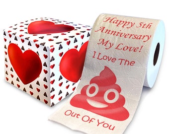 Printed TP Happy Fifth Anniversary I Love The Poop Outta You Printed Toilet Paper Prank – Novelty Gag Gift, 5th Year Anniversary - 500 Sheet