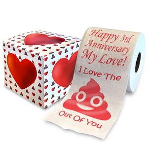 Printed TP Happy Third Anniversary I Love The Poop Outta You Printed Toilet Paper Prank – Funny Gag Gift, 3rd Year Anniversary - 500 Sheets