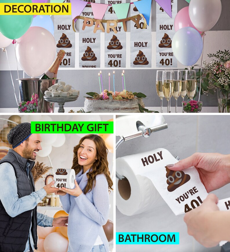 Printed TP 40th Birthday Gift Toilet Paper - Holy You're 40 Bday Party Funny Gag Gift Toilet Paper, 40 Happy Birthday Presents - 500 Sheets Bild 6