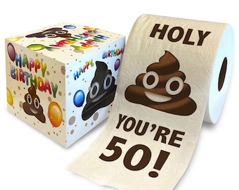 Printed TP Holy Poop You're 50 Printed Toilet Paper Gag Gift – Happy 50th Birthday Funny Toilet Paper For Best Prank, Bday Gift - 500 Sheets