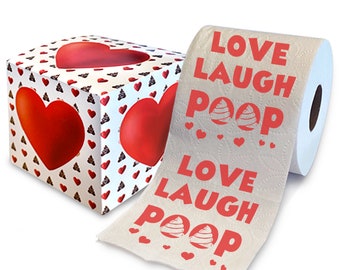 Bedrukte toiletrol met de tekst "Love Laugh Poop" - Grappig cadeau voor Valentijnsdag, badkamerdecoratie, origineel geschenk - 500 vellen