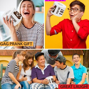 Op de afbeelding: Verschillende mensen houden een witte toiletpapierrol vast met een bruine poep-emoji en de tekst "YOU'RE 18!". De afbeelding bevat de tekst "GAG PRANK GIFT" en "GREAT LAUGH!"