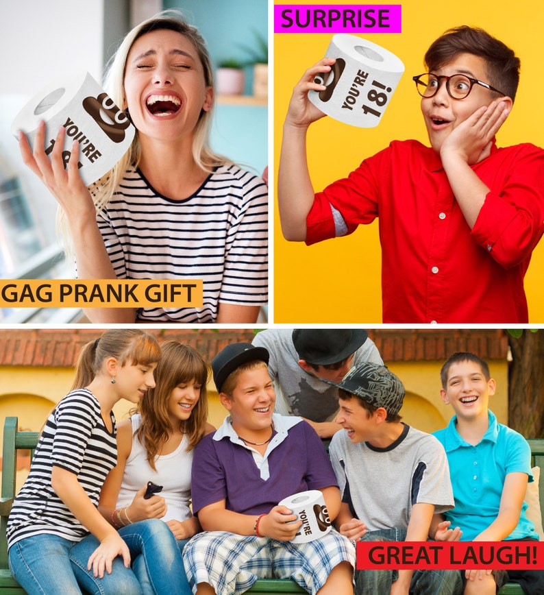 Op de afbeelding: Verschillende mensen houden een witte toiletpapierrol vast met een bruine poep-emoji en de tekst "YOU'RE 18!". De afbeelding bevat de tekst "GAG PRANK GIFT" en "GREAT LAUGH!"